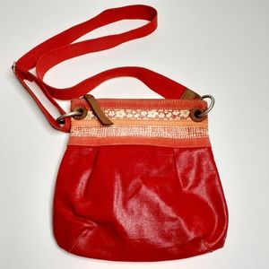 Fossil Boho Inspired Red Canvas Coated Crossbody Bag with Embroidered Trim